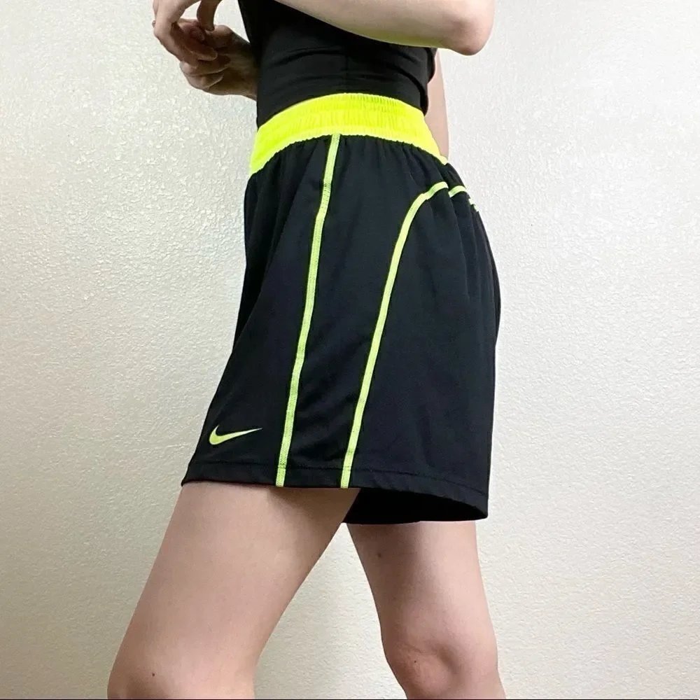 Nike Dri-Fit Black & Neon Yellow High Rise Athletic Gym Shorts